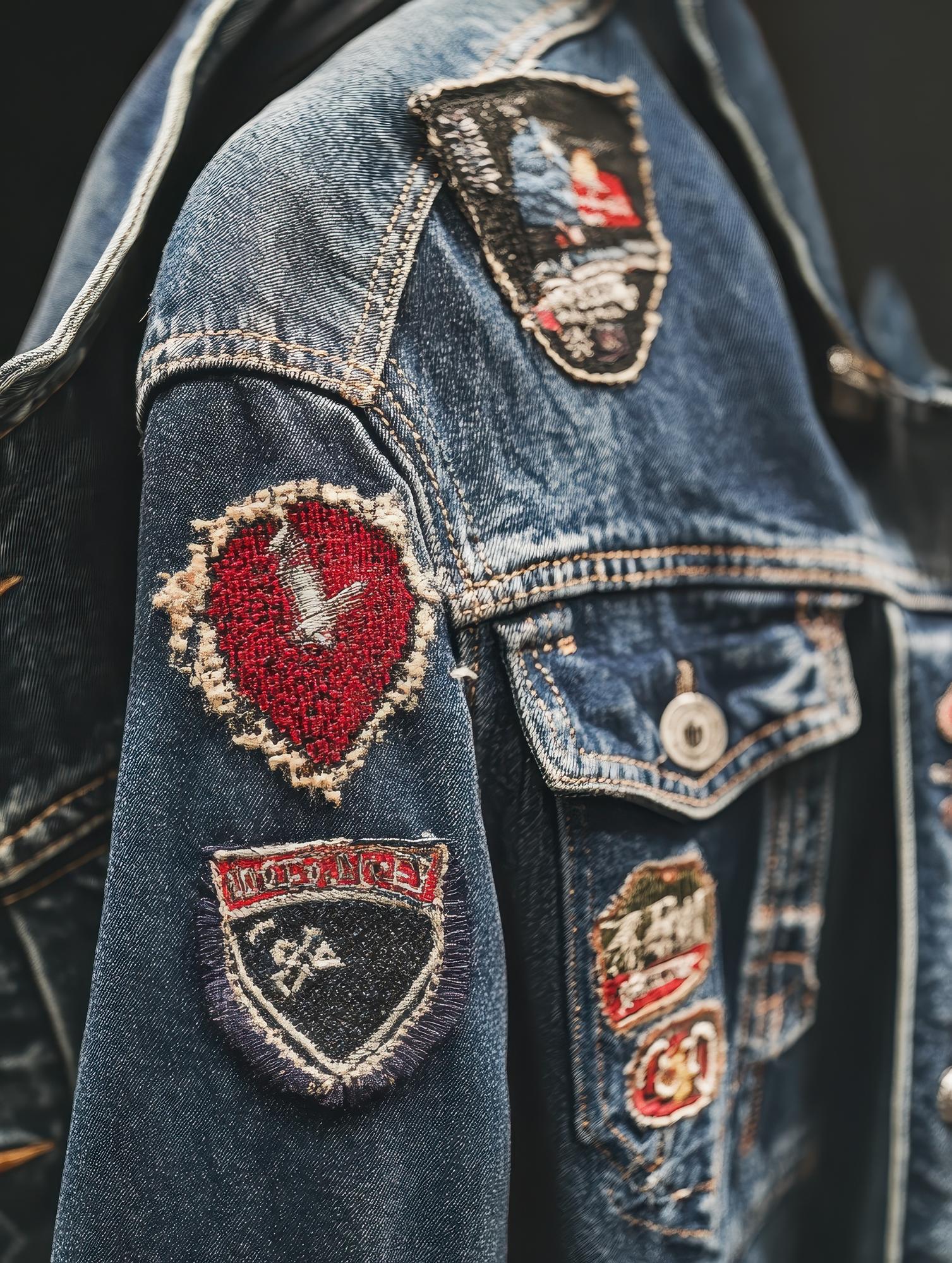 embroidered denim patch on jacket sleeve