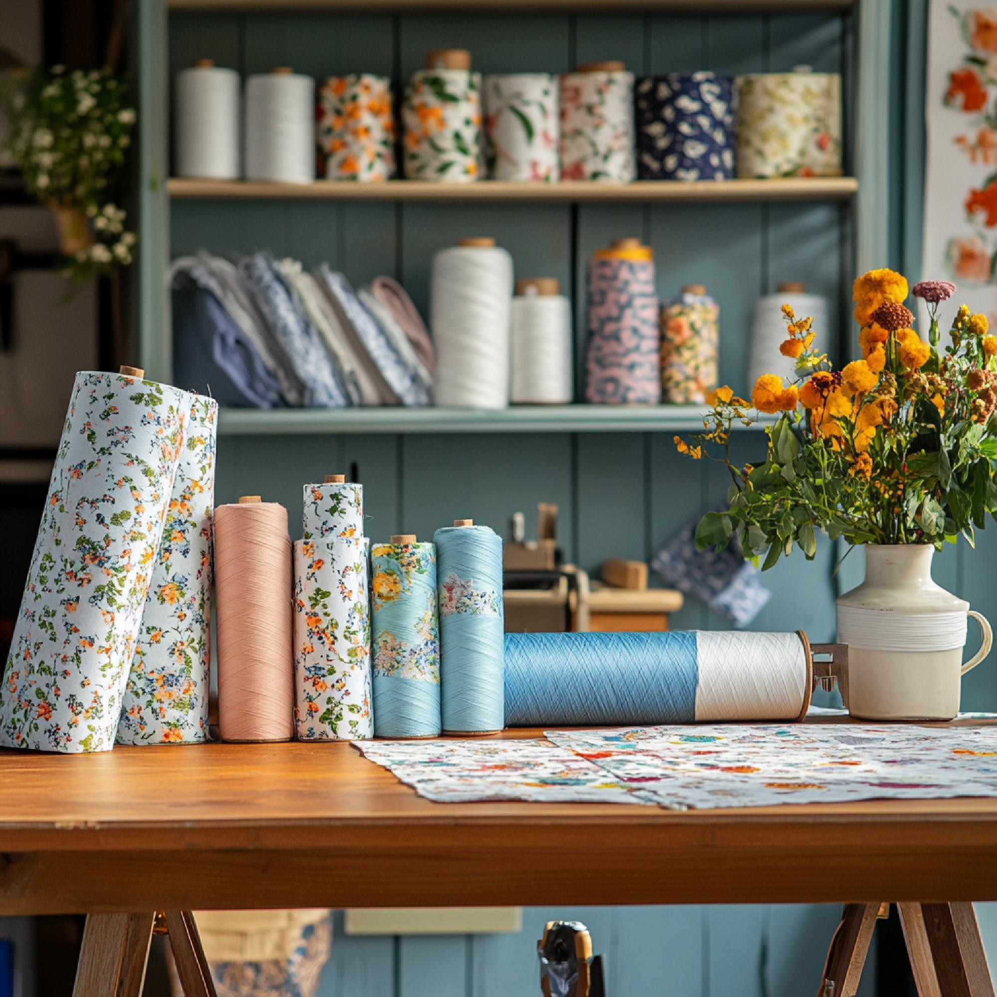 workspace with stitched samples and pattern sheets